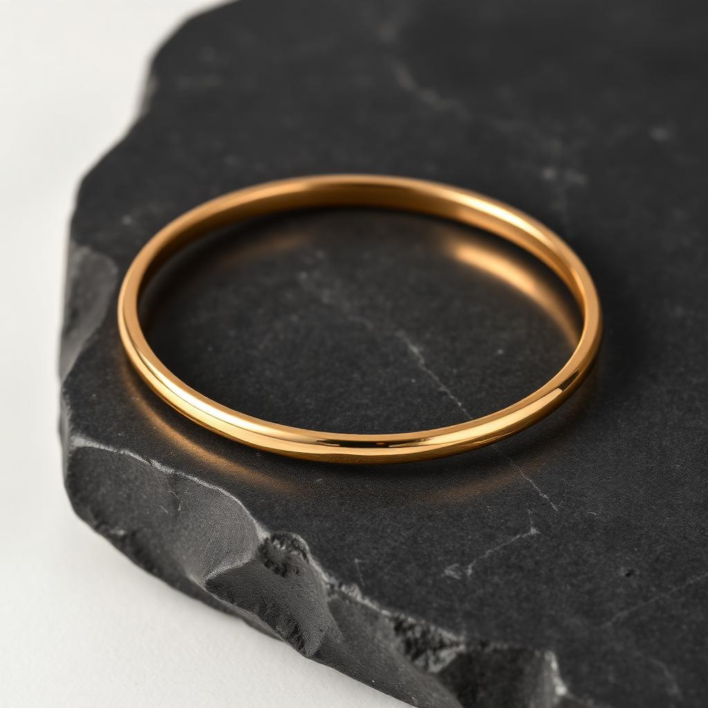 Polished 18k gold bangle on dark stone