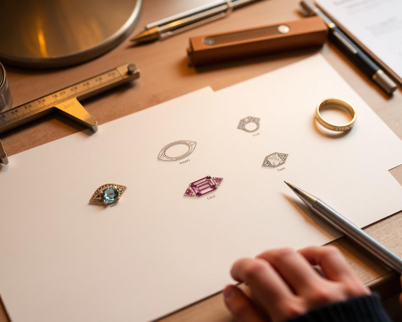 Hand-drawn bespoke ring design sketches beside gemstones