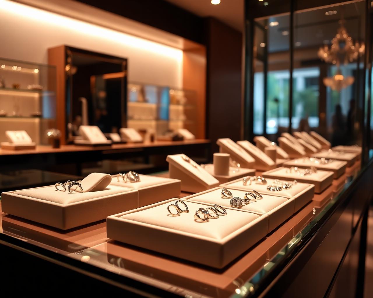 Fine jewellery displayed on ivory trays in a lit boutique case