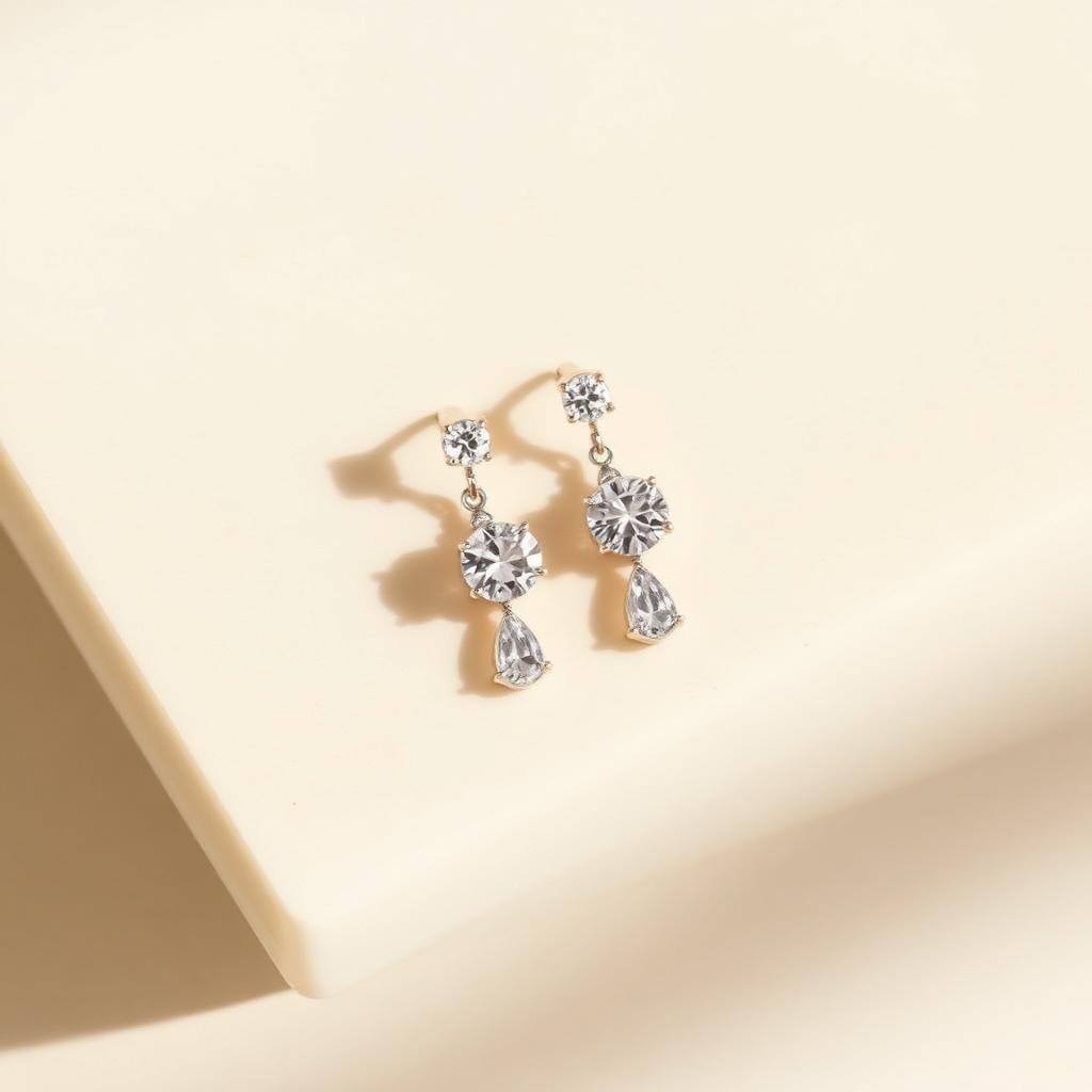 Pair of diamond drop earrings on cream stone