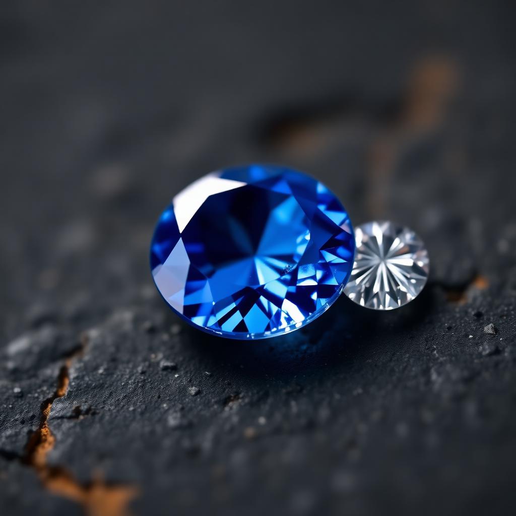 Loose sapphire and round brilliant diamond, macro detail