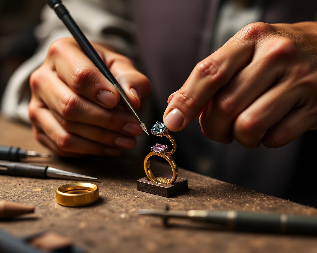Goldsmith setting a gemstone into a gold ring at the bench