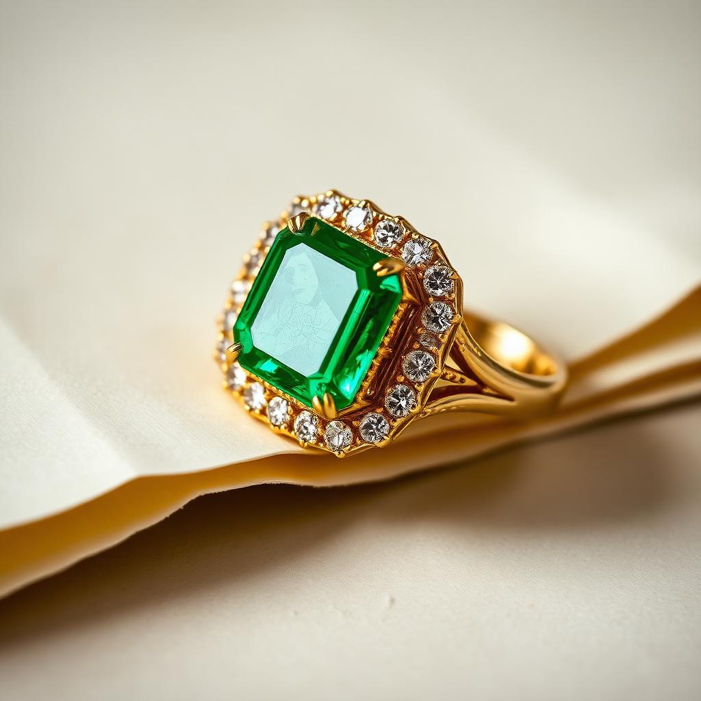 Emerald and diamond halo ring in yellow gold