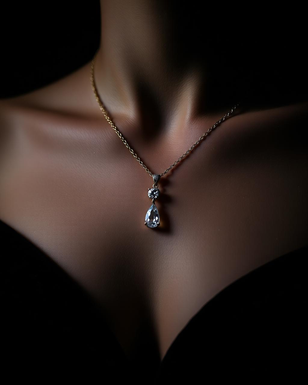 Diamond pendant necklace photographed on a dark ground