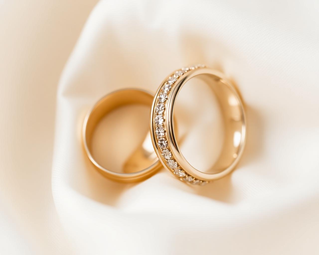 Pair of gold wedding bands on cream silk